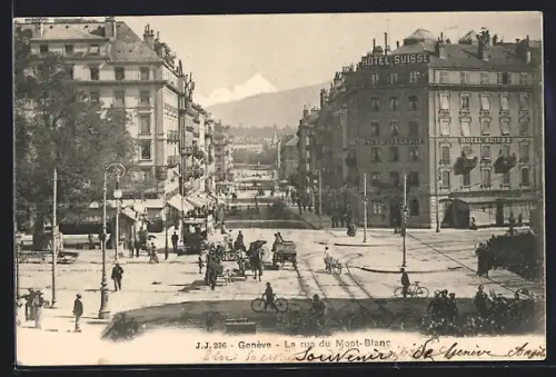 AK Genève, La rue du Mont-Blanc, Strassenbahn