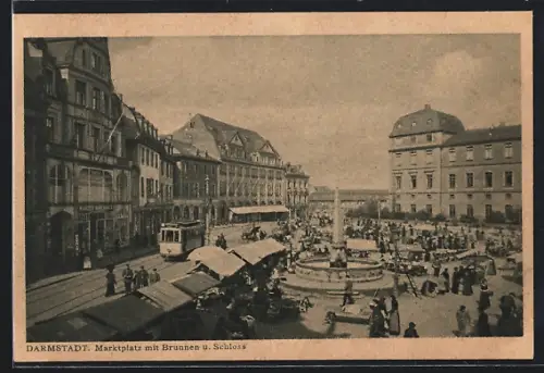 AK Darmstadt, Marktplatz mit Brunnen und Schloss, Strassenbahn