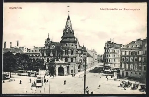 AK München, Löwenbräukeller am Stegelmayrplatz, Strassenbahn