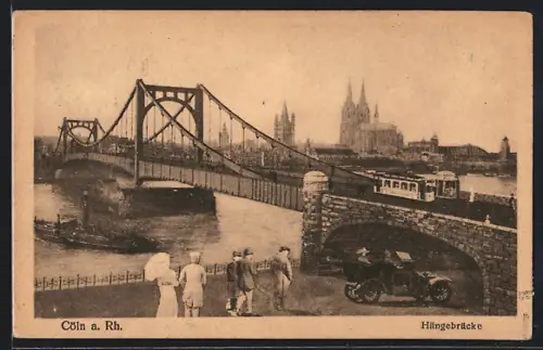 AK Cöln a. Rh., Hängebrücke mit Strassenbahn