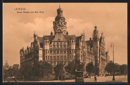 AK Leipzig, Neues Rathaus mit Strassenbahn