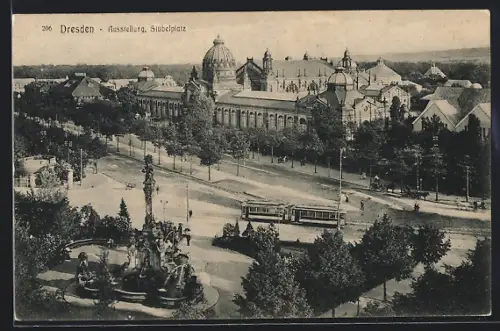 AK Dresden, Ausstellung, Stübelplatz mit Strassenbahn
