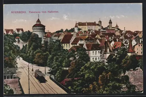 AK Nürnberg, Panorama vom Hallertor, Strassenbahn