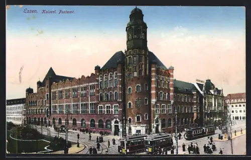 AK Essen, Kaiserl. Postamt mit Strassenbahn