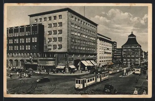 AK Essen, Bahnhofsvorplatz mit Hauptpostamt und Strassenbahnen