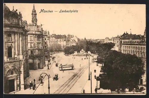 AK München, Lenbachplatz mit Strassenbahnen