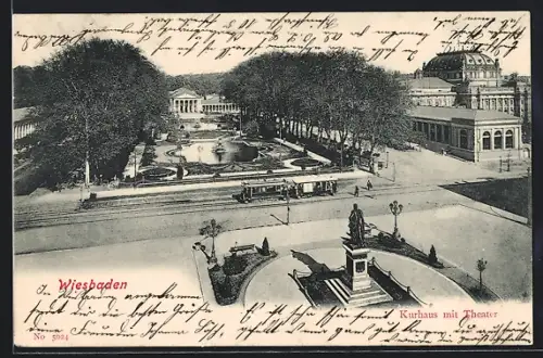 AK Wiesbaden, Kurhaus mit Theater und Strassenbahn