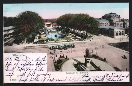 AK Wiesbaden, Kurhaus und Theater mit Strassenbahn
