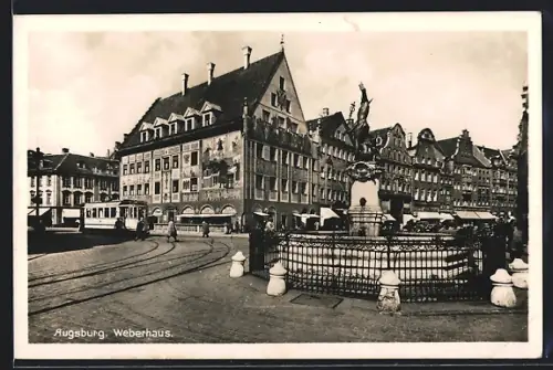 AK Augsburg, Partie mit Strassenbahn am Weberhaus