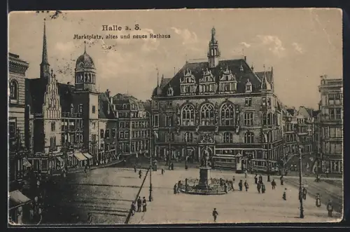 AK Halle a. S., Marktplatz, altes und neues Rathaus mit Strassenbahn