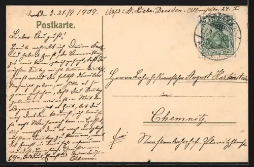 AK Dresden-Neustadt, Strassenbahnen auf der Hauptstrasse, Passanten am Denkmal