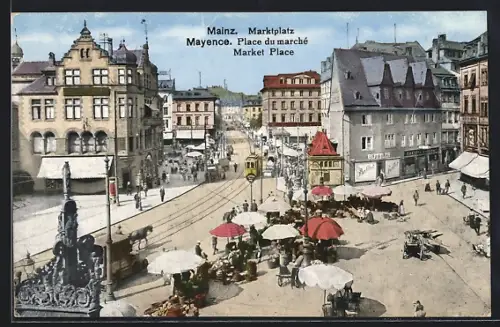 AK Mainz, Blick auf den Marktplatz, Strassenbahn