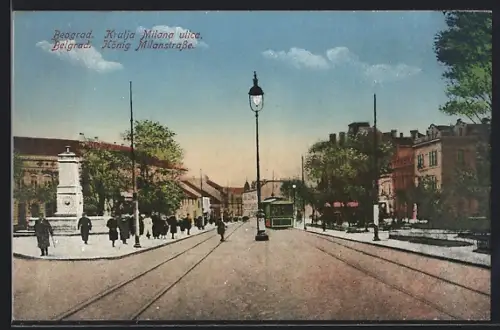 AK Belgrad, König Milan-Strasse, Terrasse, Strassenbahn