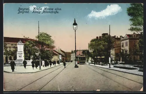 AK Belgrad, König Milan-Strasse, Terrasse, Strassenbahn