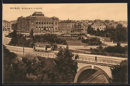 AK Weimar, Museum und Viadukt mit Strassenbahn