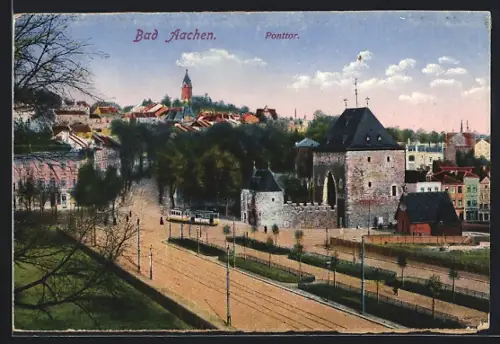 AK Bad Aachen, Ponttor mit Strassenbahn