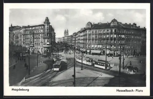 AK Magdeburg, Hasselbach-Platz, Strassenbahn vor Wohn- und Geschäftshäusern