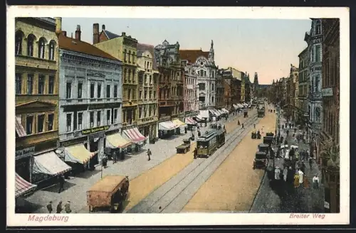 AK Magdeburg, Breiter Weg mit Strassenbahn