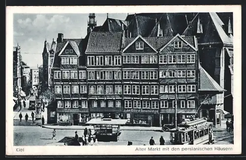AK Kiel, Alter Markt mit den persianischen Häusern und Strassenbahn