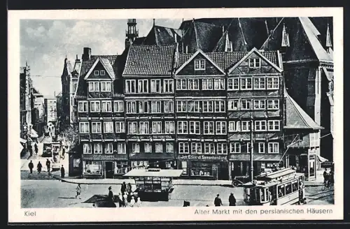 AK Kiel, Strassenbahn am Alten Markt, Persianische Häuser