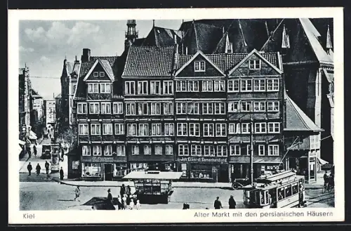 AK Kiel, Alter Markt mit den persianischen Häusern und Strassenbahn