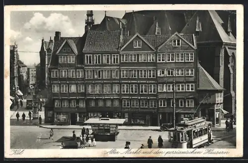 AK Kiel, Alter Markt mit den persianischen Häusern, Strassenbahn