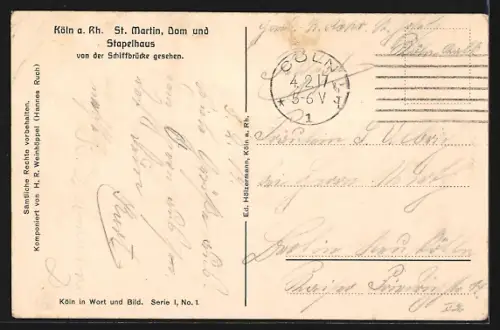 AK Köln a. Rh., St. Martin, Dom und Stapelhaus, Strassenbahn
