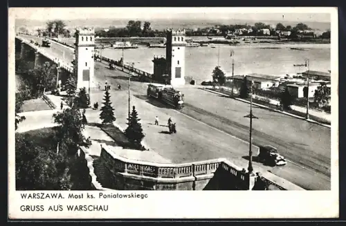 AK Warschau-Warszawa, Most nowy, Neue Brücke mit Strassenbahn u. Auto