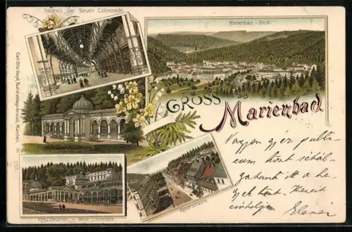 Lithographie Marienbad, Kreuzbrunnen und Neue Colonnade, Kasierstrasse