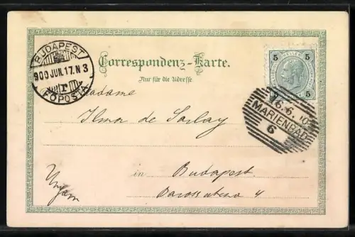 Lithographie Marienbad, Kreuzbrunnen und Neue Colonnade, Kasierstrasse