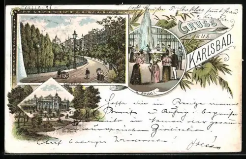 Lithographie Karlsbad, Sprudel, Gartenzeile, Stadtpark