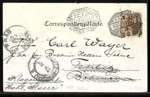 Lithographie Karlsbad, Sprudel, Gartenzeile, Stadtpark