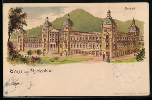 Lithographie Marienbad, Totalansicht vom Neubad