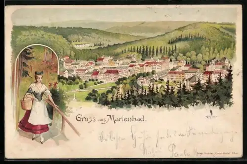 Lithographie Marienbad, Gesamtansicht, Frau in Tracht