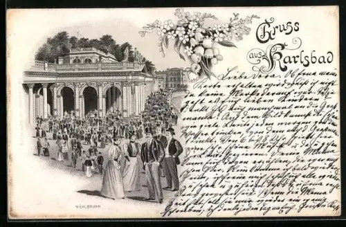 Lithographie Karlsbad, Kurgäste am Mühlbrunn