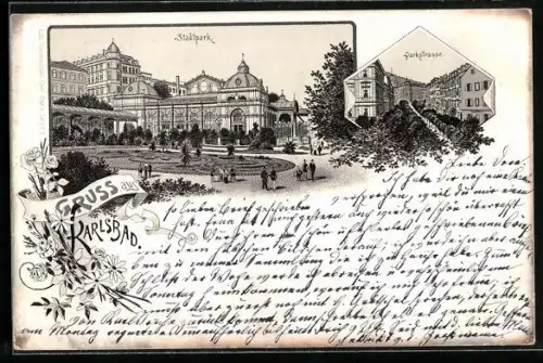 Lithographie Karlsbad, Blick auf Stadtpark und Parkstrasse