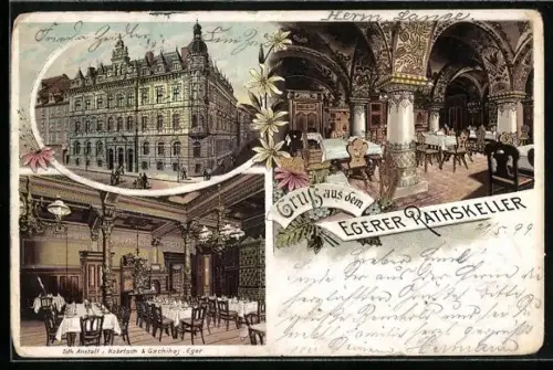 Lithographie Eger, Gasthaus Ratskeller, Aussen- u. Innenansichten