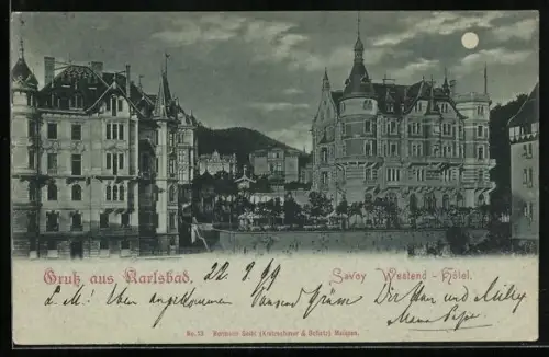 Mondschein-AK Karlsbad, Savoy Westend-Hotel