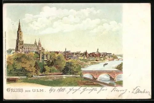 Lithographie Ulm / Donau, Münster, Flusspartie mit Brücke
