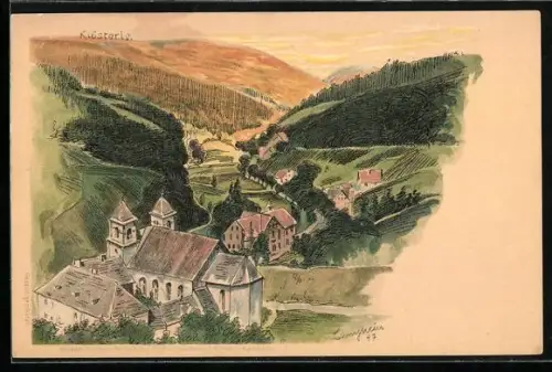 Lithographie Klösterle / Rippoldsau, Ortsansicht im Tal