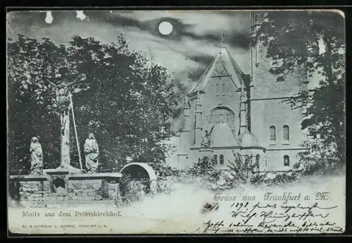 Mondschein-AK Frankfurt a. M., Peterskirchhof im Vollmondlicht