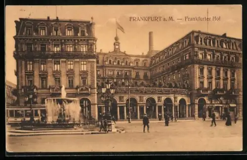 AK Frankfurt a. M., Hotel Frankfurter Hof, Brunnen, Strassenbahn