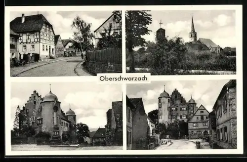 AK Oberschwarzach / Aglasterhausen, Kirche, Fachwerkhäuser, Strassenpartie