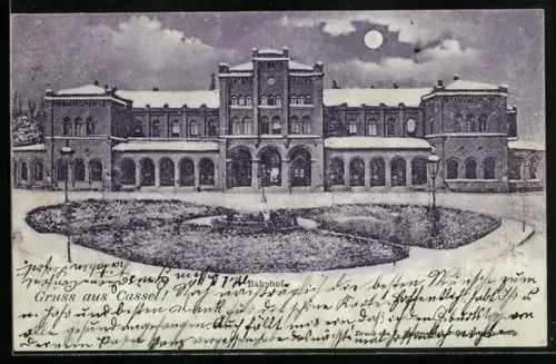 AK Kassel, Bahnhof mit Anlagen, Vollmond, Schnee