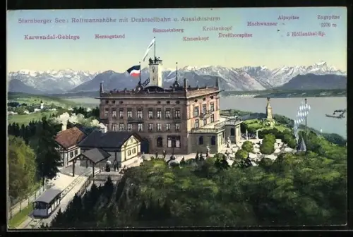 AK Berg / Starnberger See, Rottmannshöhe mit Drahtseilbahn und Aussichtsturm