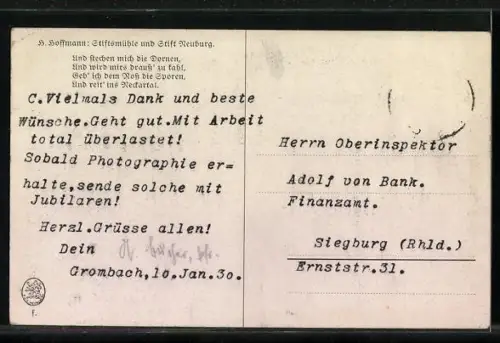 Künstler-AK H. Hoffmann: Heidelberg / Neckar, Stift Neuburg und Stiftsmühle