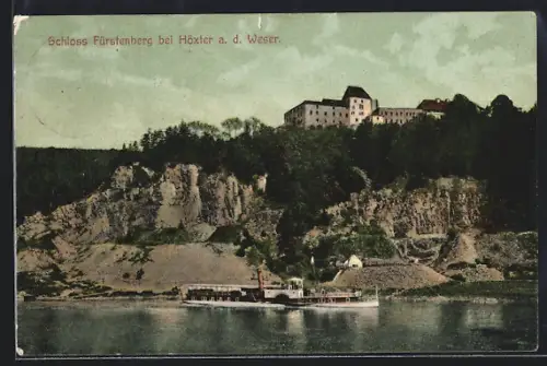 AK Fürstenberg / Weser, Schloss Fürstenberg, Weserufer, Dampfschiff