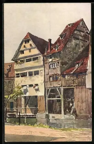 Künstler-AK Ulm / Donau, Gerberhäuser an der Blau