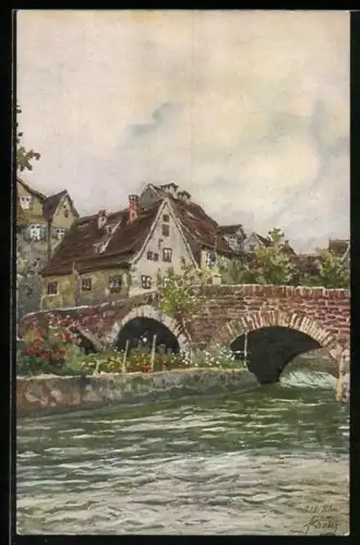 Künstler-AK Ulm / Donau, Häuslesbrücke an der Blau