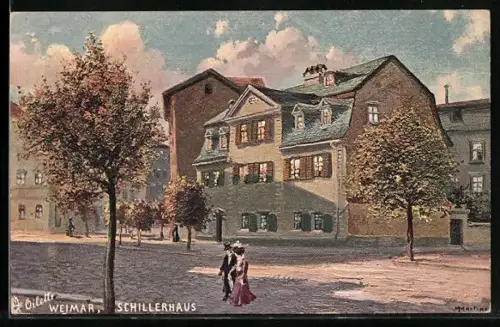 Künstler-AK Weimar / Thüringen, Spaziergang am Schillerhaus